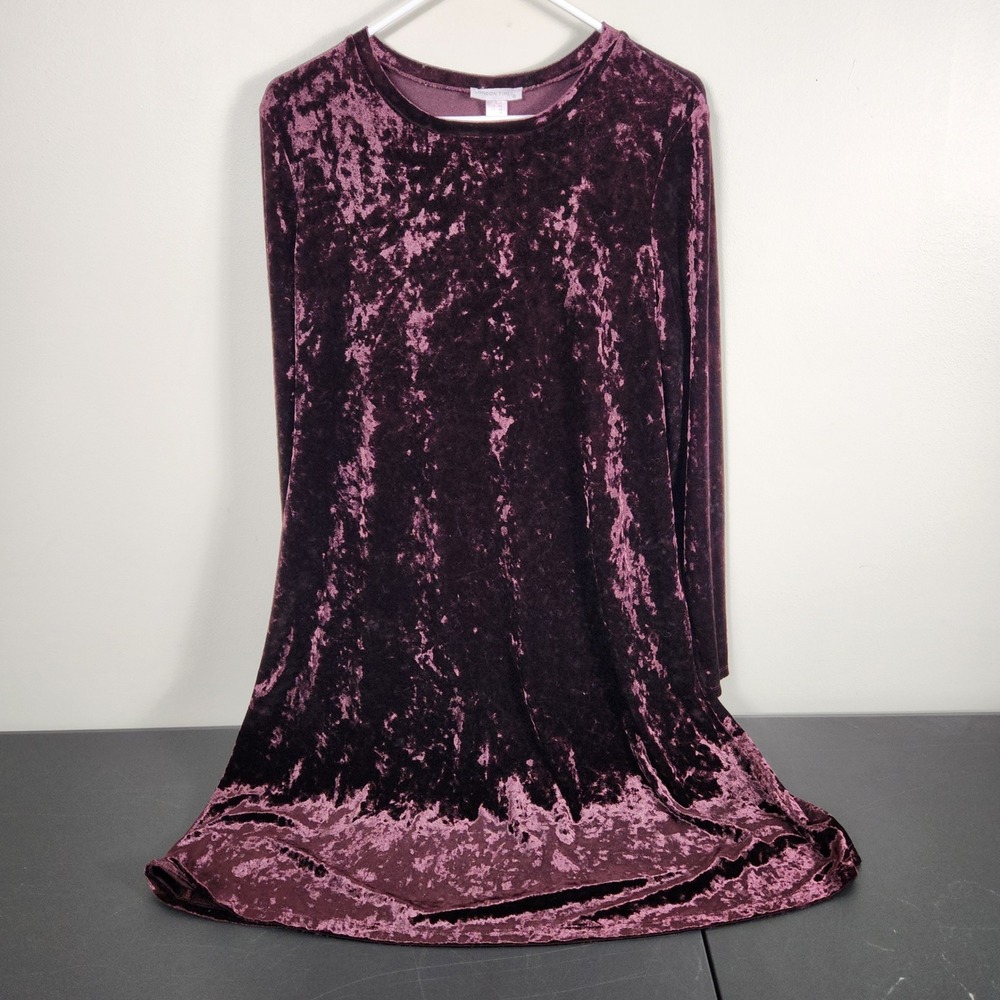 London Times Plum Purple Crushed Velvet Long Sleeve Shift Dress Womens 14 Gothic